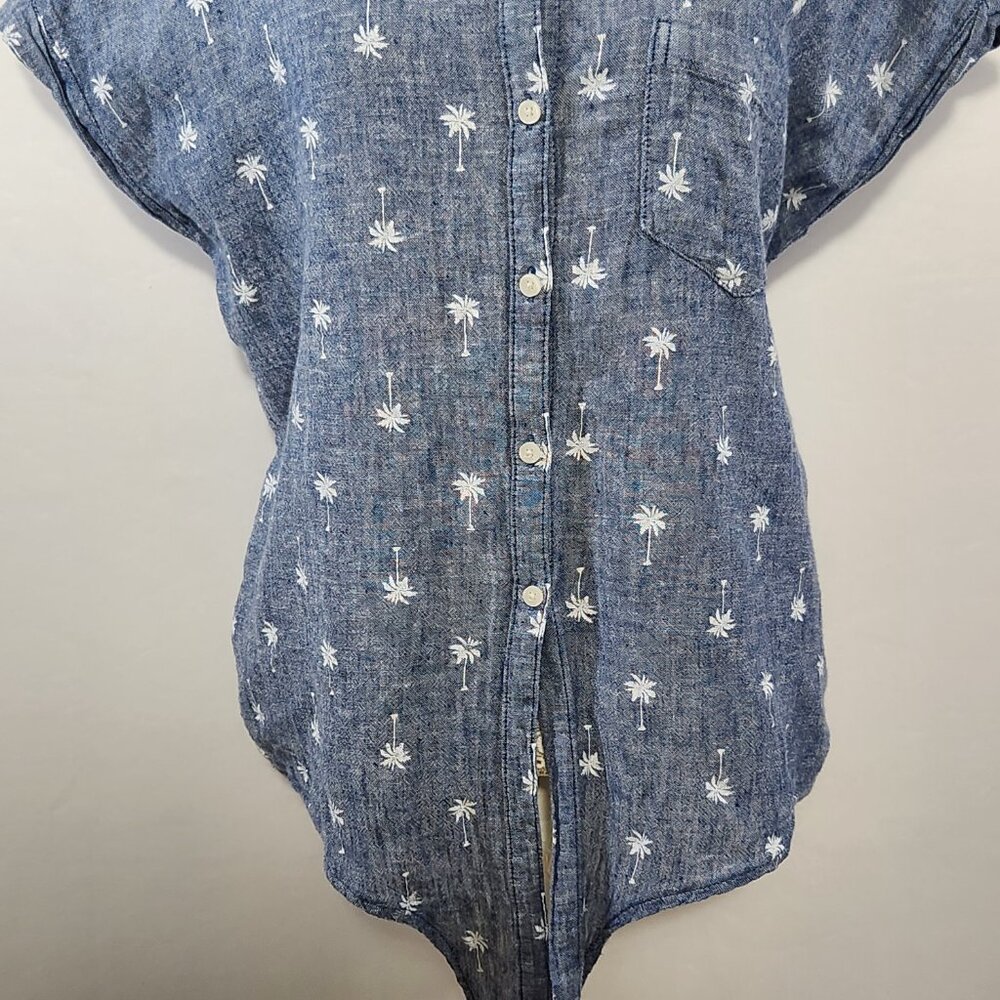 Old Navy Women's Large Denim Linen Blend Palm Tree Button-Down Tie-Front Shirt - Picture 4 of 16